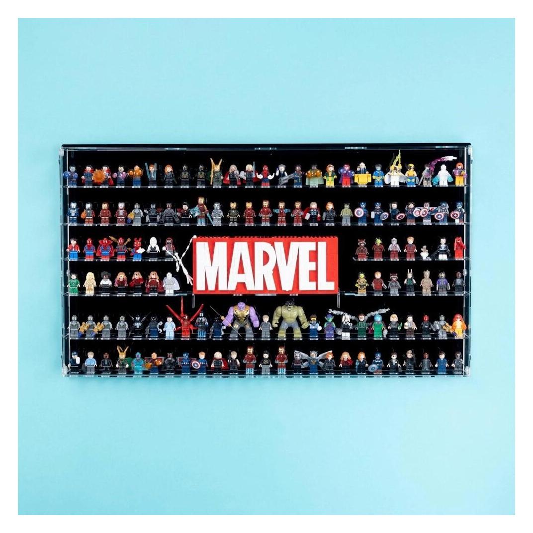 iDisplayit Acryl-Wand-Display für 128 LEGO Marvel Minigiguren und Marvel Logo 76313 (schwarzer Hintergrund) (HWC800645MAR-BLK)