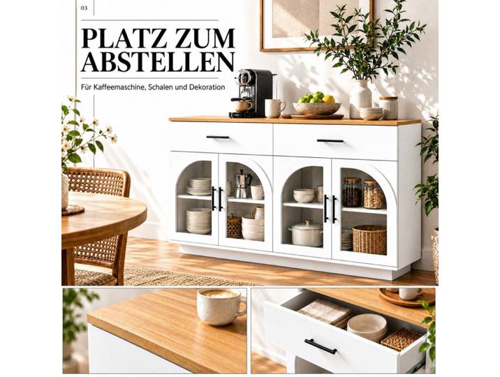 Modenuit Buffet de cuisine 147 cm avec LED 2 tiroirs 4 portes vitrées et plan de travail blanc