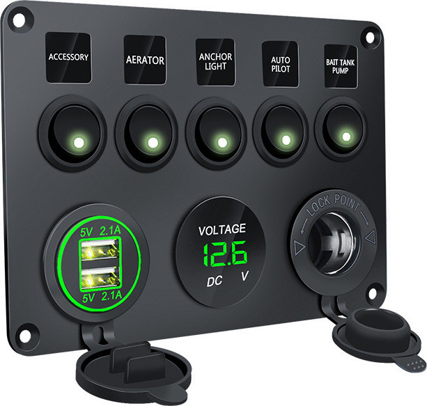 INF Schakelpaneel met 5 schakelaars, voltmeter en 2 USB-stopcontacten - Zwart/Groen