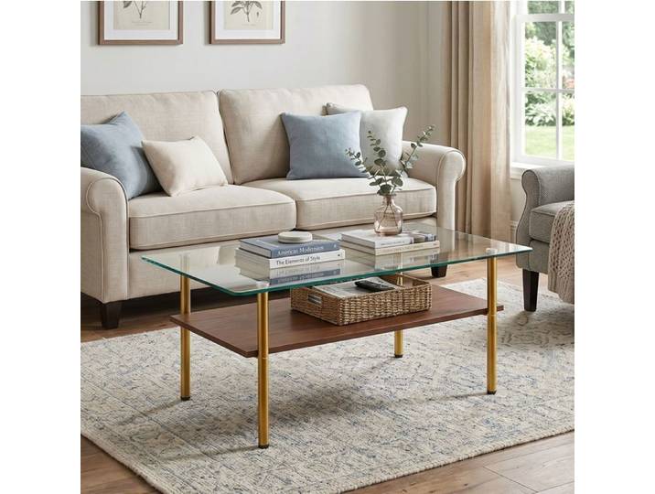 MEUBLIV Table basse rectangulaire en verre et MDF structure métallique dorée aspect bois