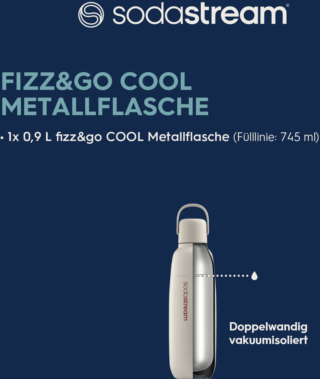 Thermoflasche SODASTREAM "Metallflasche Fizz&go COOL DWS, 0,9 l, Trinkflasche", sand, H:28cm, Edelstahl, Kunststoff, Trinkflaschen, Thermoflasche, kompatibel mit SodaStream DUO, E-DUO, TERRA, ART & ENSO Wassersprudler