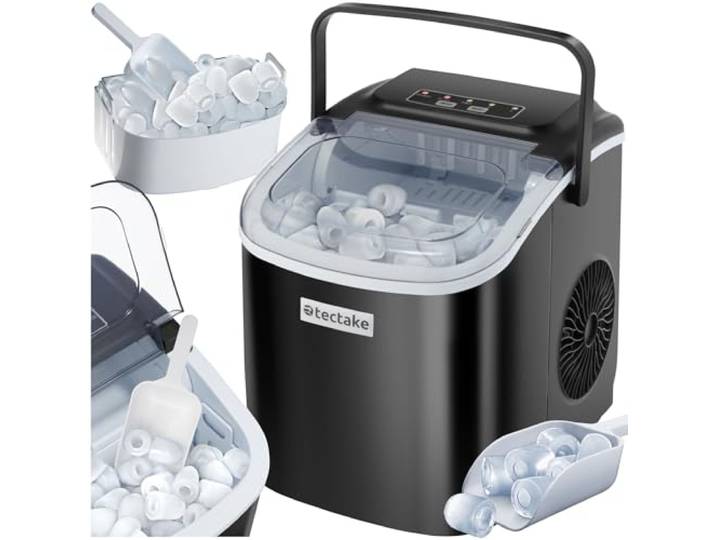 tectake® Eiswürfelmaschine, Ice Maker mit Griff, Eiswürfelbereiter, Maschine bereitet 9 Würfel in 6min, 12kg in 24h, 1,2 l Volumen, 2 Eiswürfelgrößen, selbstreinigend, mit Eisschaufel, Bar – schwarz