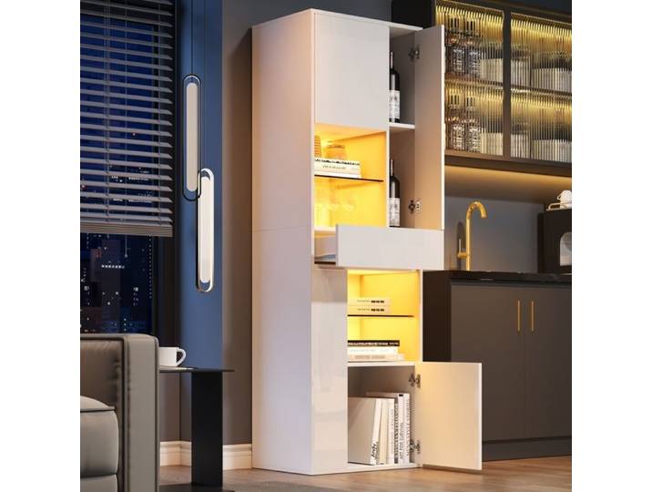 LPOSPI Vitrine - meuble de salon avec tiroir et 4 portes éclairage led intégré blanc 55x38x170 cm