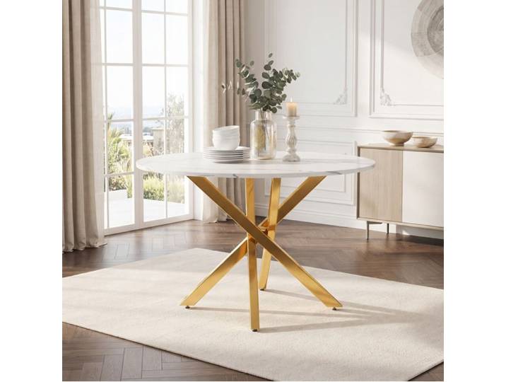 Table À Manger Ronde Blanc Et Or Table Design FloraGrace Pour Cuisine Montage Facile 80x80x75cm