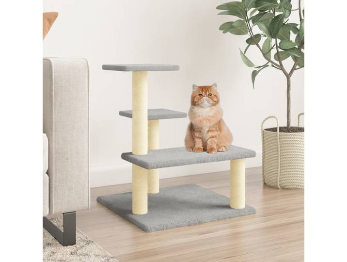 Arbre à chat avec poteaux à gratter en sisal gris clair, arbre à chat multi-niveaux de 61 cm avec poteau à gratter, maison pour chat, hamac, tapis