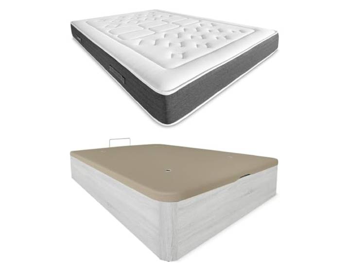 DUÉRMETE ONLINE Polar Pack Viskoelastische Matratze, Bio-Natur, Dicke 24 cm + Boxspringbett aus Holz, hohe Kapazität, Farbe, 90 x 190 cm