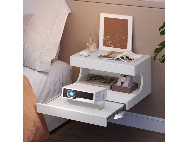 Ensemble de 2 tables de chevet suspendues, étagère murale avec plateau coulissant, étagère murale flottante avec espace ouvert