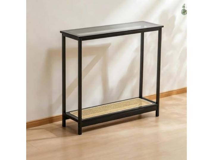 LEUBDIBR Moderne Rattan‑Konsolentisch mit Glasplatte für Eingang und Flur Handgeflochtenes Rattan, gehärtete Glasplatte, schmaler moderner Stil, einfache(Black,100cm/39.4 )