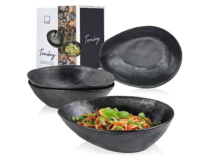 SÄNGER Pastaschalen Tombey aus Steingut, handmade 4-teiliges PastaTeller Set, Bowl Schüssel, Modernes und Einzigartiges Design