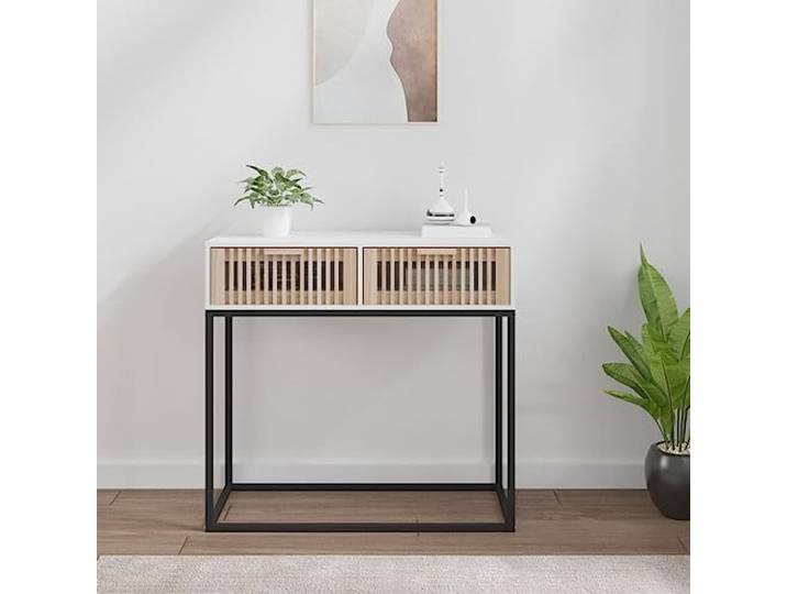 HEFZGDB Skandinavischer Konsolentisch Weiß 80x30x75 cm mit 2 Schubladen aus Holzwerkstoff und Eisen, Stabile Tischplatte und Metallfüße für Langlebigkeit, Praktischer Beistelltisch