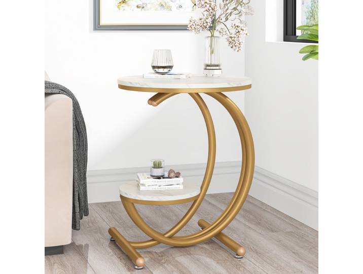 Table d'appoint - LITTLE TREE - Little Tree - 2 niveaux - Cadre en C - Blanc et doré