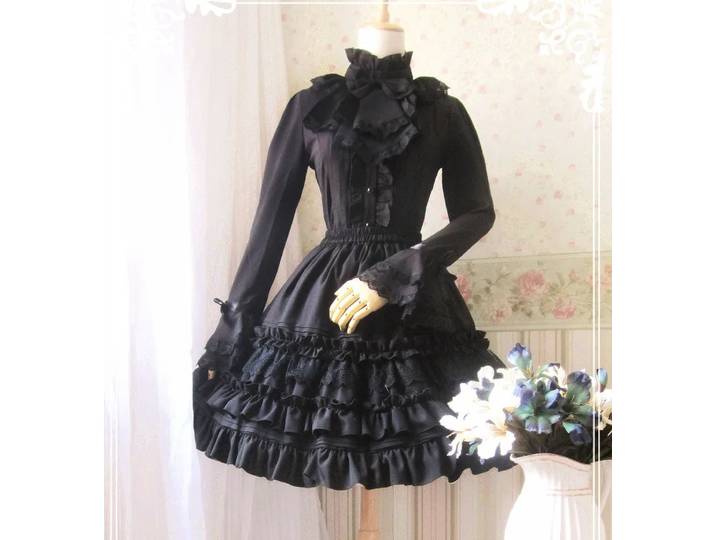 Robe en mousseline de soie froncée noire Sweet Lolita pour jupe femme