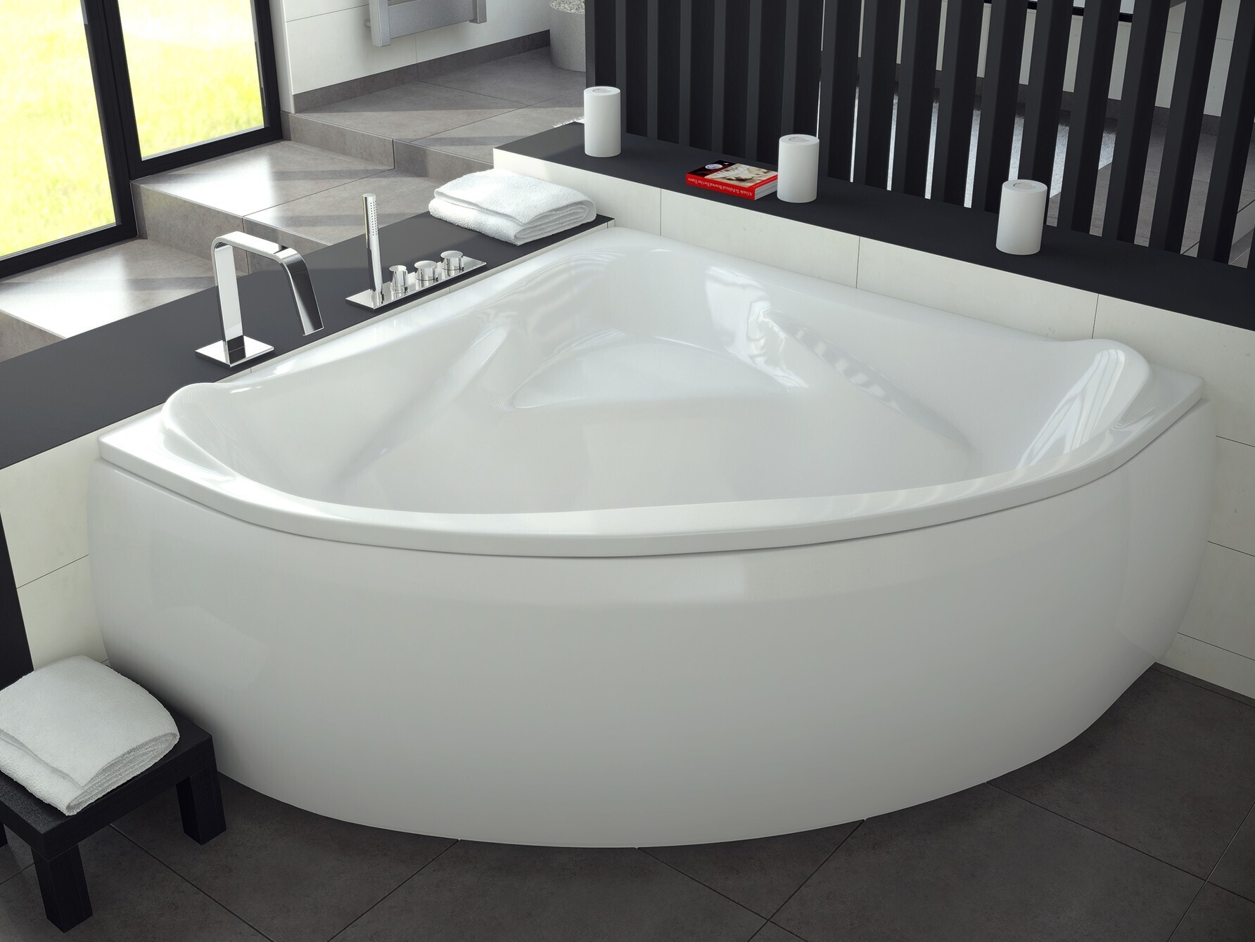 BADLAND Eckbadewanne Badewanne Ewa 134x134 mit Acrylschürze, Füßen und Ablaufgarnitur GRATIS