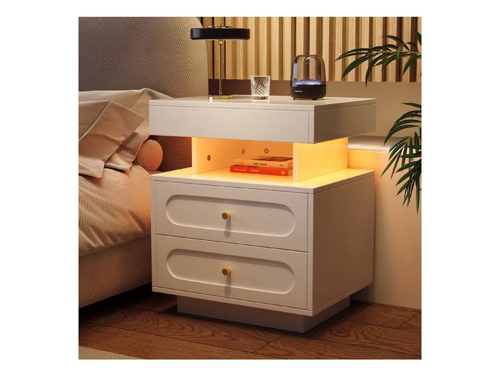 Odikalo Nachttisch Nachtschrank mit LED,2 Schubladen,1 offener Lagerraum (Nachttisch Nachtschrank mit LED-Beleuchtung Nachtkommode mit 2 Schubladen, 1 offener Lagerraum,Weiß, B50/T40/H60 cm)