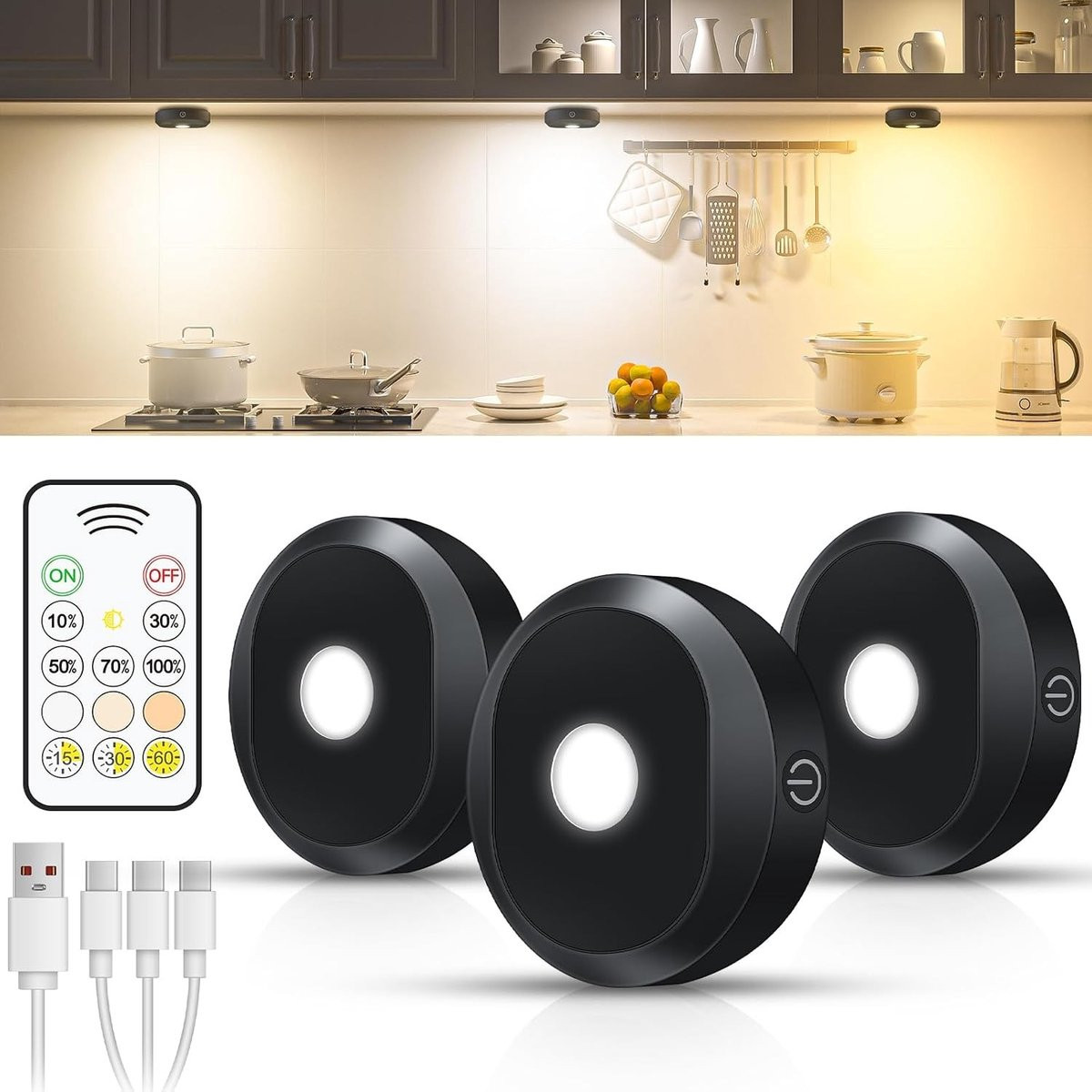 Draadloze Oplaadbare LED Puck Lights met Afstandsbediening, Ronde Inbouwverlichting voor Keuken en Meubels