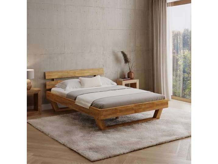 skølm Nornir Massivholzbett 140x200 cm, Bett mit Kopfteil, Massivholz Eiche Bettrahmen mit 2 Streben & Kufen Bettbeine, aus Massivholz, Holzbett hochwertig, Bettgestell geölt, geeignet als Doppelbett