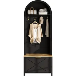 Multifunktionaler Garderobenschrank mit Schuhregal 195x75x35 cm in Schwarz und Holz mit Haken und Ablage
