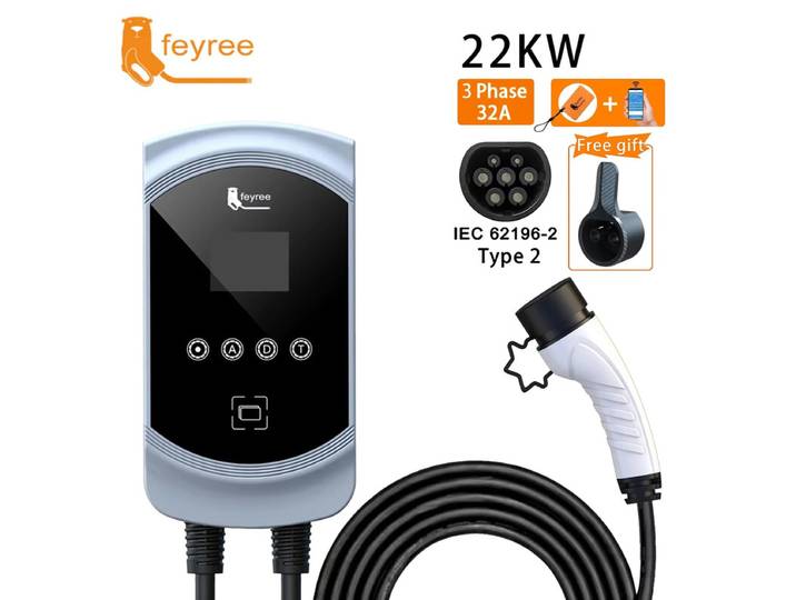 Feyree Chargeur pour véhicule électrique 32 A, 22 kW, triphasé, borne de recharge murale pour véhicule électrique, câble type 2, prise IEC62196-2, contrôle par application