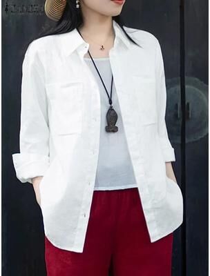 Uplift Picks ZANZEA Womens Oversized Button Up Shirt Casual Long Sleeve Cotton Overshirt white xl