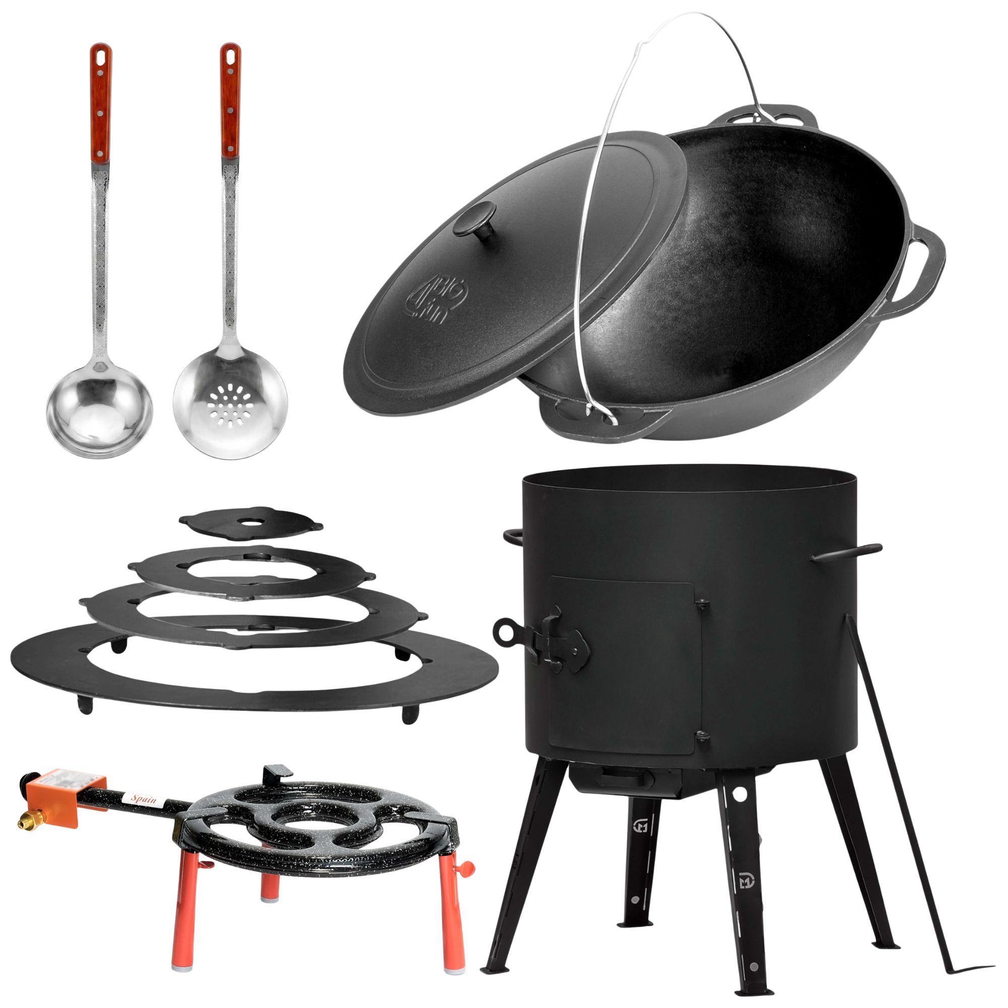 Komplettes Outdoor Kochset 15L - Gusseisen Kazan, Feuerstelle Utschak & Zubehör Set für Camping Garten Feldküche