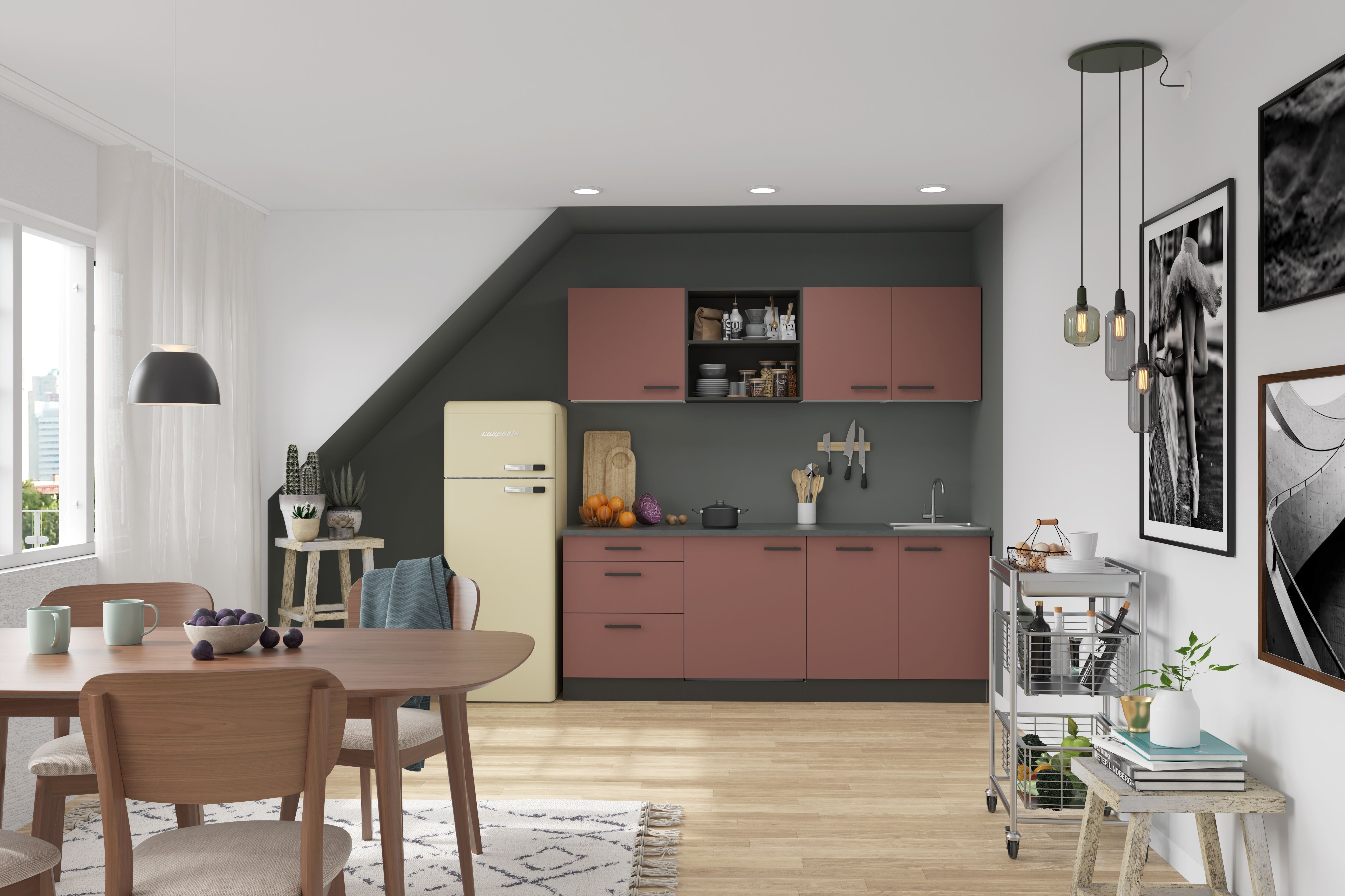 Küchenzeile OPTIFIT "Palma", rot (küche: rot, front: rostrot, korpus: anthrazit, arbeitsplatte: anthrazit), B:210cm T:60cm, Komplettküchen-Sets, Küchenzeile, Breite 210 cm, wahlweise mit E-Geräten, seitenverkehrt stellbar küche: rot, front: rostrot, korpu