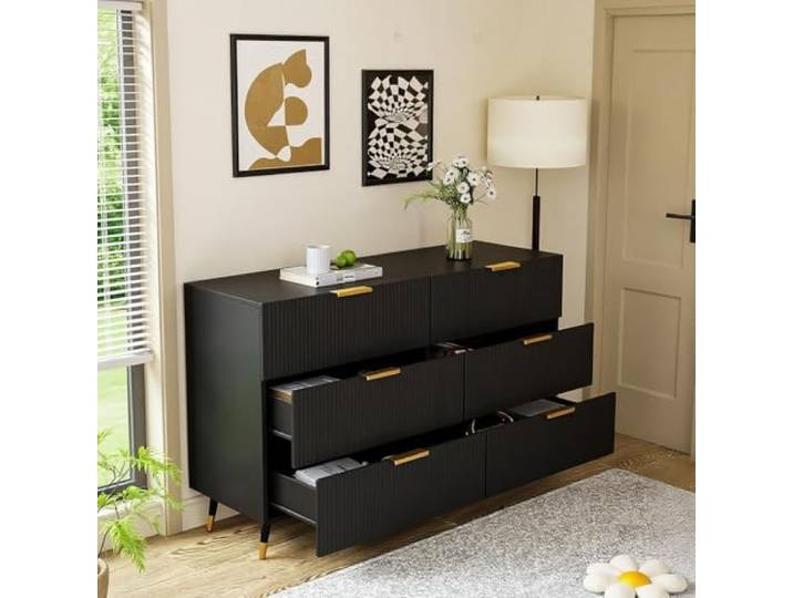 FurnitureR Schwarze Kommode mit 6 Schubladen, Modernes Design, Robust und Platzsparend, aus Spanplatten, für Wohnzimmer, Schlafzimmer oder Flur, mit Metallgriffen