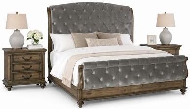 Benjara Queen Bedroom Set, Gray, Brown Wood, 3 Piece Set with 2 Nightstands