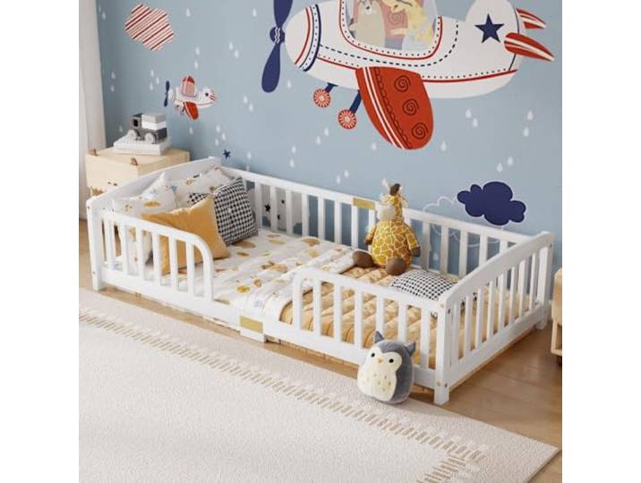 FAVSH Montessori Bodenbett 90x200 cm aus Massivholz, mit Rausfallschutz und mittigem Einstieg, niedriges Bodenbett aus Kiefernholz für Jungen und Mädchen, Einzelbett (Weiß)