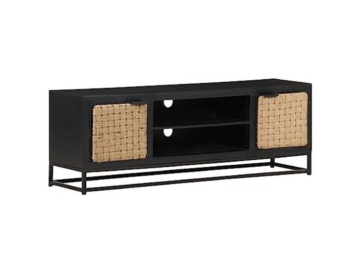 IBUQDDV TV-Schrank 120x30x40 cm aus Massivholz Mango mit industriellem Stil, Zwei Türen und Zwei Fächern, Robustes Eisengestell und natürliche Jute für Stauraum und Stabilität,