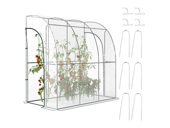 Outsunny Serre de jardin adossée, serre de balcon, bâche renforcée PVC, châssis en acier, 2 portes zippées enroulables, pour légumes plantes fleurs, intérieur et extérieur, 214x118x212cm, transparent