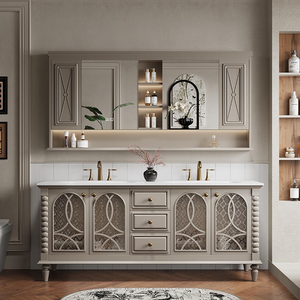 Badmöbel-Set mit Sinterstein Waschbecken und Spiegelschrank, Badezimmer Set, Waschtisch mit Unterschrank, Waschtischkombination Grau 130cm /JGHUI/