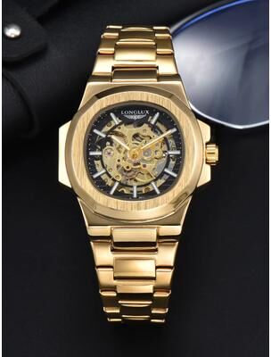 Friendly Fresh Finds Mens Luxury Automatic Mechanical Watch Waterproof Skeleton Stainless Steel Business Watch gold Black