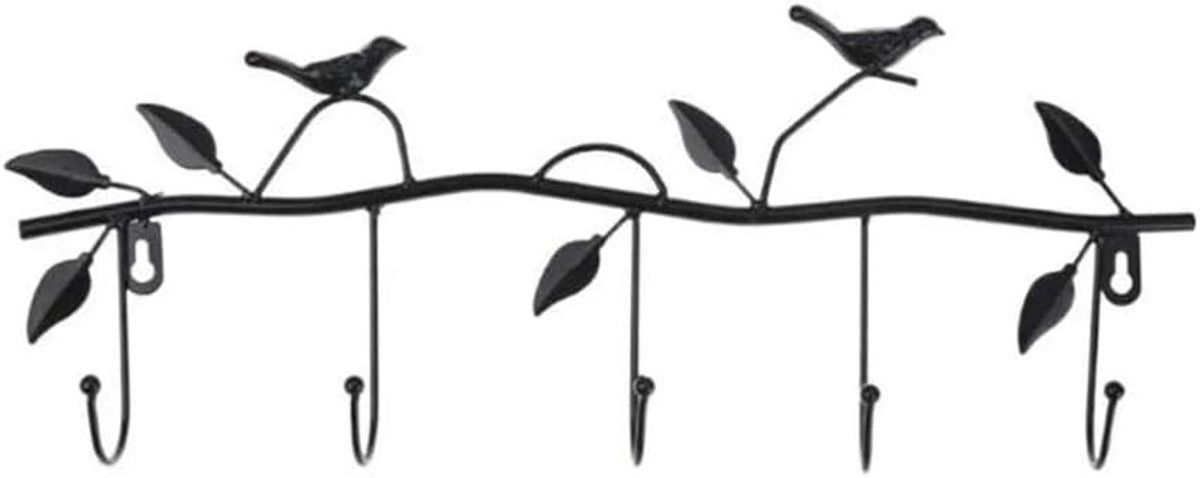 Decoratieve Wandkapstok met 5 Vogel Haken - Zwart - 47 x 18 cm