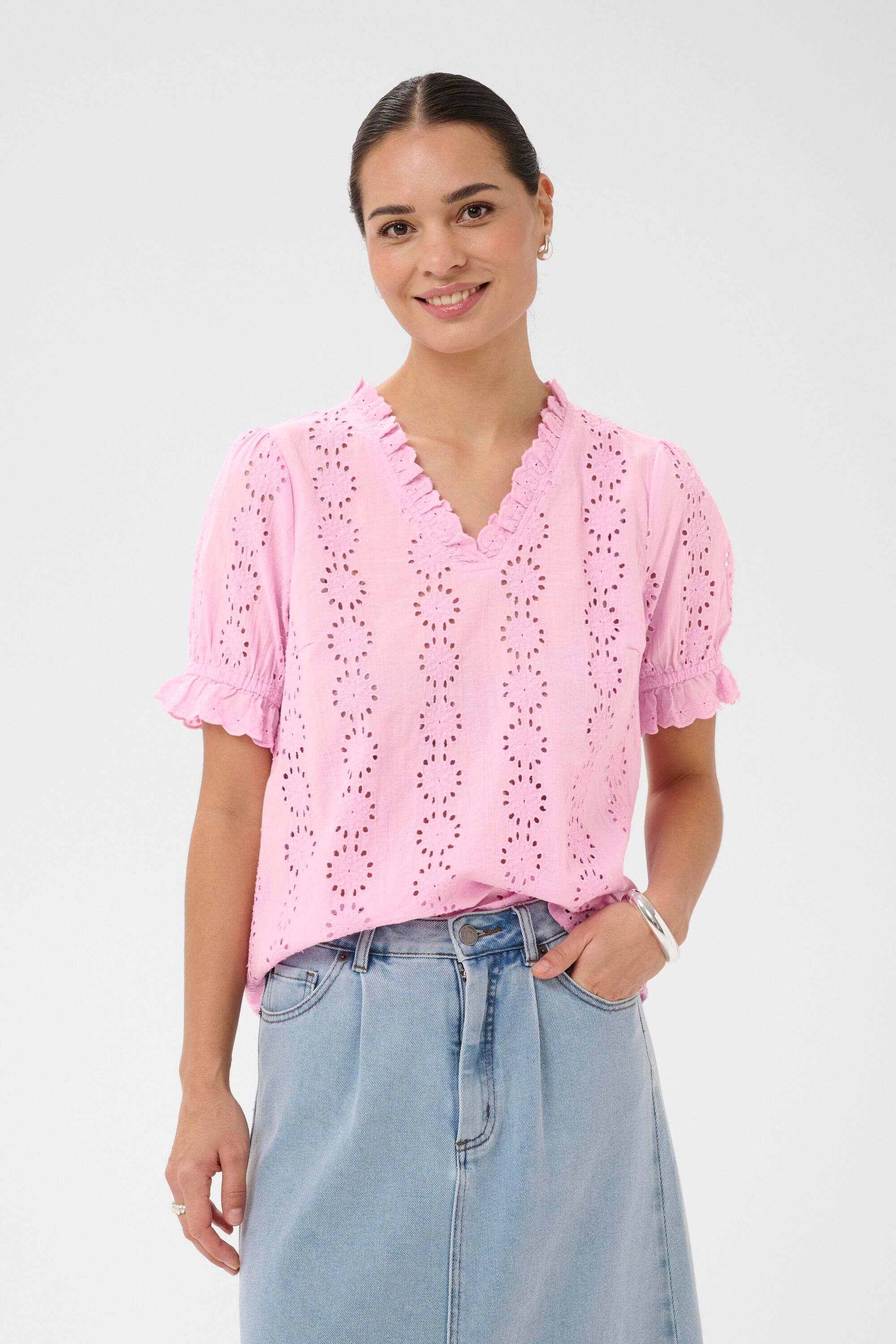 Kurzarmbluse KAFFE "Damen Bluse kurzarm KAdona", Damen, Gr. 38, pink (pink frosting), Obermaterial: 100% Baumwolle CO., Blusen Kurzarmbluse
