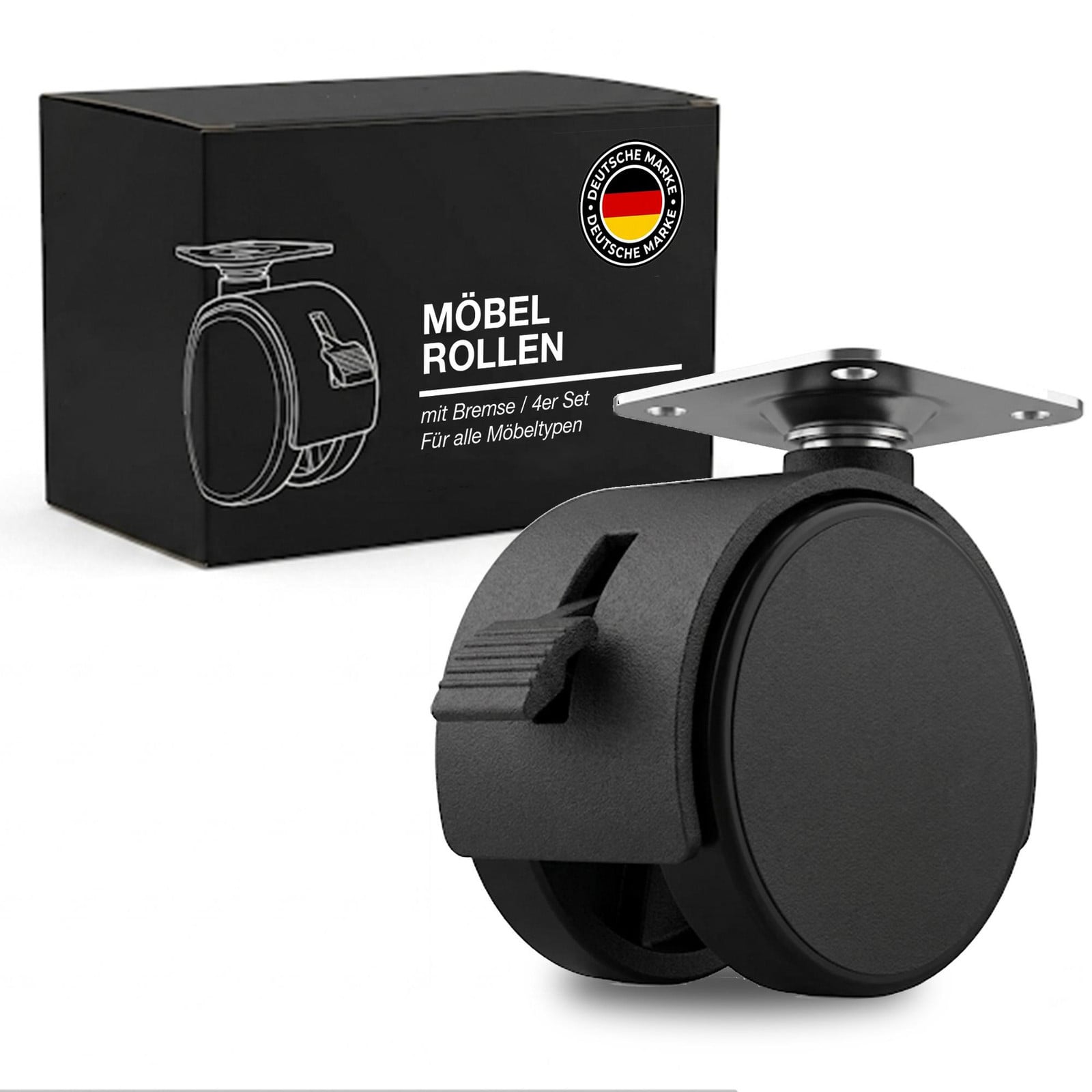 K-Möbel Meubelrollen met rem, set van 4, zwart, 40 mm