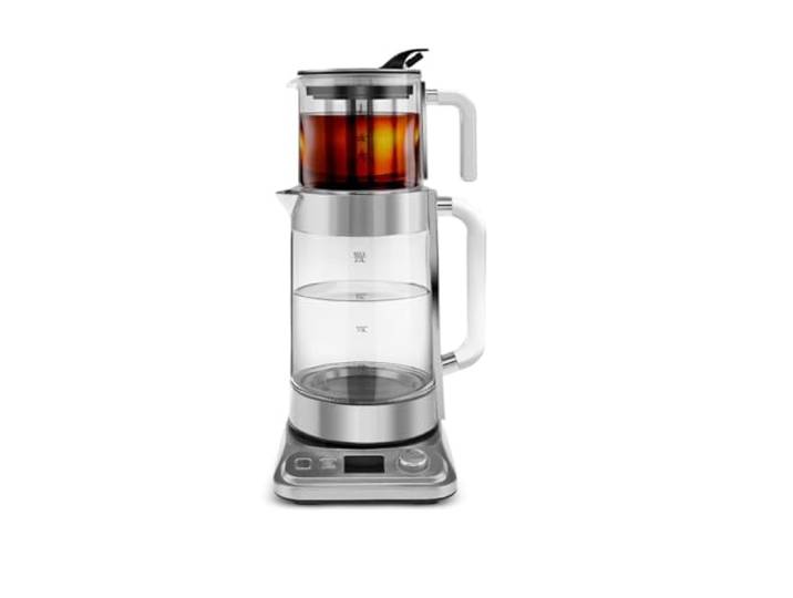 Karaca X Refika XL Automatischer Teekocher & Caydanlik, 2L Wasserkocher & 0,8L Glasteekanne, Multi-Temperatur, Eco-Modus, 2200W, Teemaschine für Familie & Gäste, Chrom