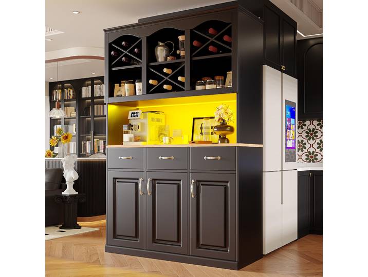 OKWISH Buffet - Buffet de Cuisine Haut avec Portes\, Tiroirs et Étagères Réglables\, Rangement Vaisselle et Snacks 120x40x180 cm\, Noir