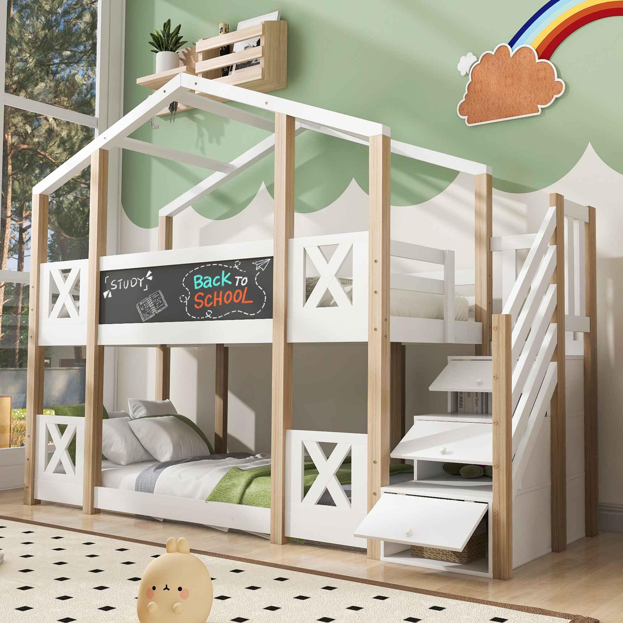 Abenteuerliches Baumhaus-Hochbett für Kinder, inklusive sicherer Treppe mit Stauraum und Rausfallschutz, Holz-Design, Geeignet ab 6 Jahren, 90x200 cm
