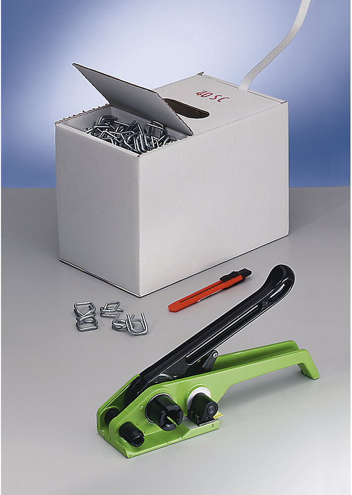 kaiserkraft Umreifungs-Set, PET-Kraftband verleimt, Spanngerät, Band im Spenderkarton, Metallklemmen, Packmesser, Bandbreite 13 mm
