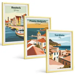 BILDER SET 3er Set - 40x60 cm Goldrahmen - Ansichten europäischer Küstenstädte