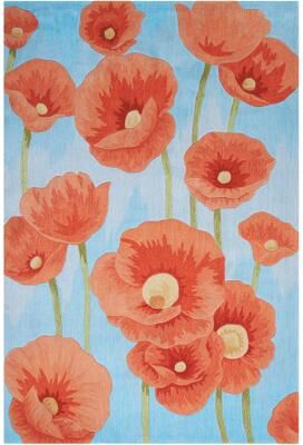 Nourison Contour Red Poppies on Sky Blue Field Area Rug