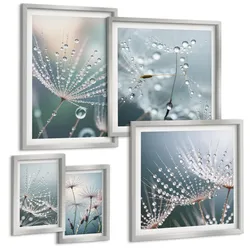 BILDER SET 5er Set - 50x50 cm & 20x30 cm & 40x60 cm Silberner Rahmen - Lineare abstrakte Motive