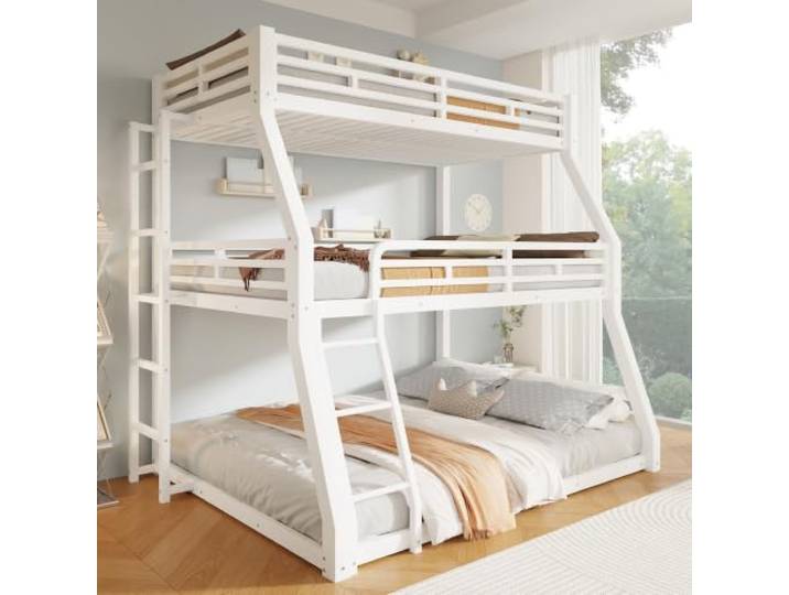 BXEYXE Etagenbett, 90 x 200/120 x 200/140 x 200 cm, Metallbettgestell, Eisenbett, Dreifach-Etagenbett,Leiterposition optional, für Kinder, Jugendliche und Erwachsene, Ohne Matratze,Weiß.