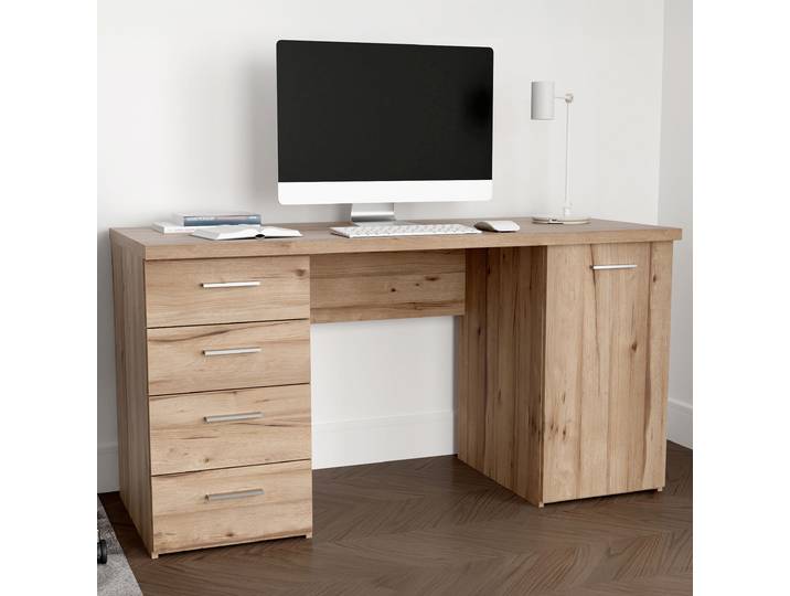 home24 Bureau - breedte 145 cm 145 x 76 x 60cm bruin/eikenhouten planken-look