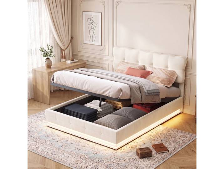 Lit Coffre 160x200 avec Sommier-Lit coffre rembourré 160x200 avec LED-Lit Hydraulique 160x200 avec Rangement-2 places-Velours beige