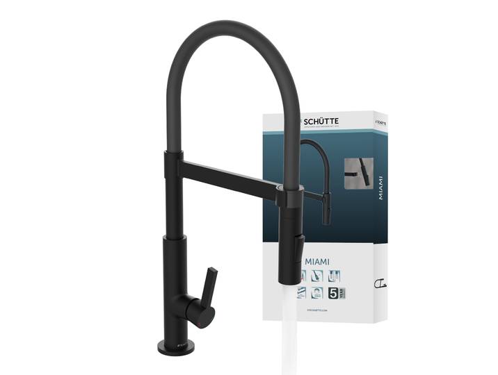 Spültischarmatur SCHÜTTE MIAMI , schwarz, B:5,5cm H:48,5cm T:26cm, Messing, Armaturen, Spültischarmatur, energiesparende Cold-Start-Funkt., 360 schwenkbar, 2-fach verstellbar