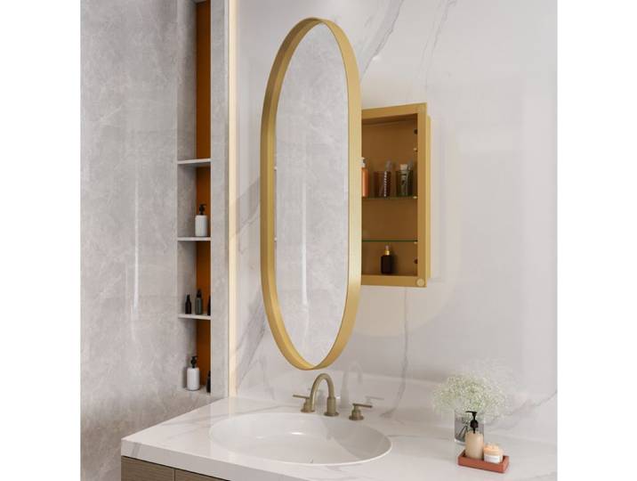 Armoire de pharmacie ovale avec miroir – cadre en métal – murale ou encastrée – Gold