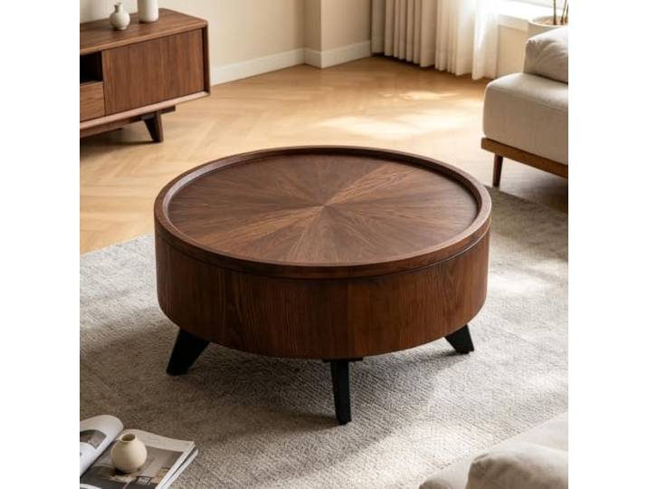 Runder Couchtisch aus Massivholz im amerikanischen Retro-Luxus-Stil Stabiler Dekor-Beistelltisch für luxuriöse Wohnzimmer, kleine gehobene Wohnungen(36.2 x 13.6 in)