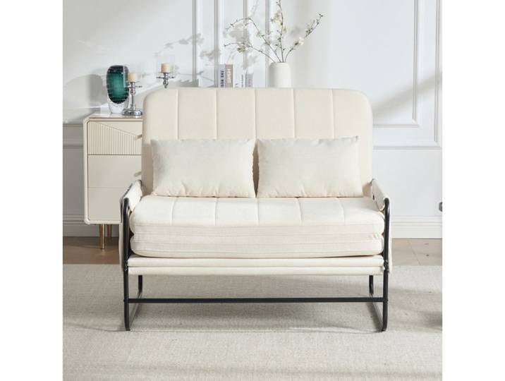 HOMVRA Canapé convertible 2 places en chenille beige structure métal noir avec poches latérales