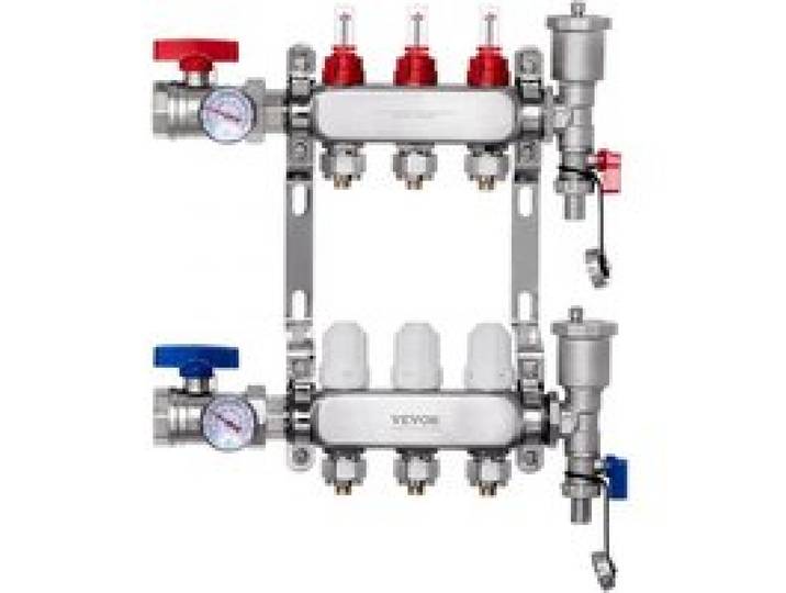 VEVOR 3-Zweig-Wärmeverteilungsverteiler, 1/2-Zoll-PEX-Rohrverteiler, Edelstahl-PEX-Verteiler für hydronische Fußbodenheizung, Wärmeverteilungs-PEX-Verteilersatz mit 1/2-Zoll-Adaptern im Lieferumfang enthalten